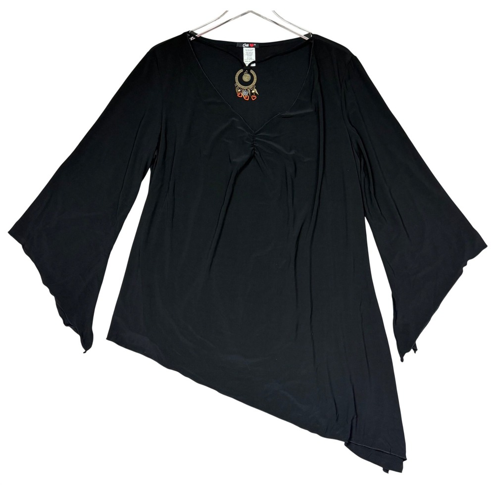 One Heart Black Asymmetrical Bell Sleeve Tunic Top Built-in Charm Necklace 3XL